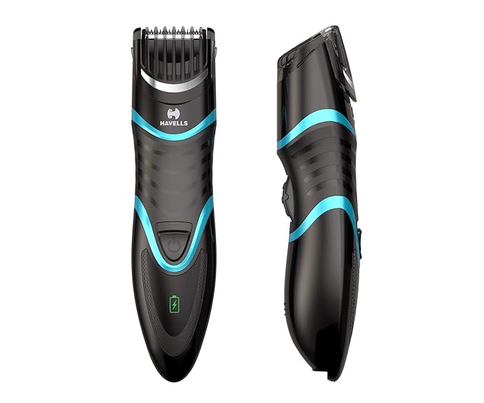 Havells BT9005 Cord & Cordless Adjustable Beard Trimmer; Extra wide blade for faster cutting; Fast Charge allows 15 + trims; 19 Built-in Precise Lengths; (Black/Blue)