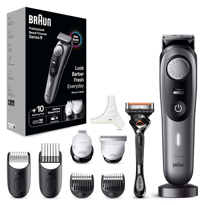 Braun All-in-One Trimmer for Men BT9420, Cordless with 180-Min Runtime, Lifetime Sharp Metal Blades, Waterproof, Precision Comb, 40 Length Settings, Premium Case & Charging Stand, 11-in-1