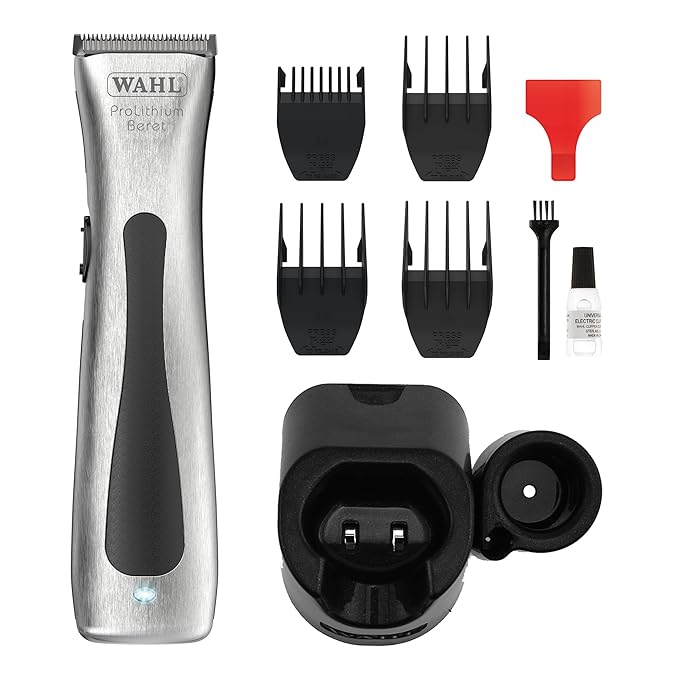 Wahl 08841-724 Cord/Cordless Professional Beret Lithium Ion Trimmer, 0.4 cuttinng length, 4 Guide Combs (2.5 mm-11 mm), 6000 Rpm, 75 min run time, Great for Barbers and Stylists, Silver